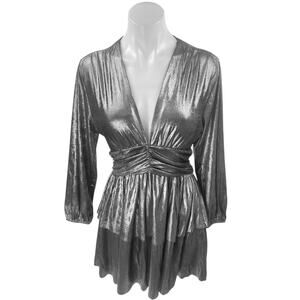 Zara Silver Metallic Long Sleeve Deep V-Neck Pleated Fit & Flare Mini Dress XS